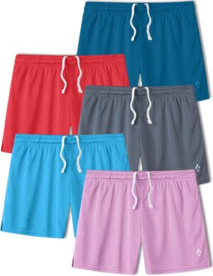 5-Pack Women’s Athletic Shorts Mesh Basketball, Ladies Active Loose Pull-On Shorts with Zipper Pockets, 5″ Inseam