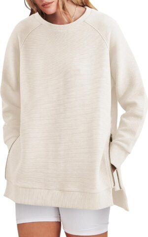 ANRABESS Womens Oversized Sweatshirt Crewneck Long Sleeve Tunic Pollover Shirt Side Zipper Hoodie Sweater 2024 Winter Clothes