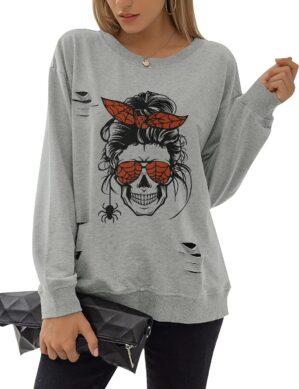 Blooming Jelly Women’s Halloween Sweatshirts Skull Graphic T Shirts Long Sleeve Pullover Tops Gothic Fall Clothes 2024