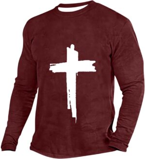 Christian Shirts for Men Faith Jesus Cross Print Long Sleeve Graphic Tee Shirts Casual Stylish Crewneck Pullover Tops Blouses