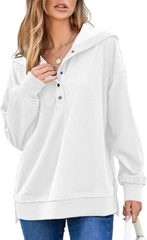 EVALESS Womens Oversized Sweatshirts Hoodies Casual Button Up V Neck Long Sleeve Shirts Pullover Loose Fall Clothes Outfits