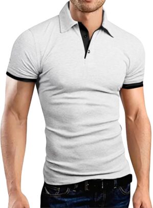Generic Men’s Casual Color Blocking Sports Stand Up Collar Short Sleeved T Shirt Button Up Lapel Running Golf Tee Shirts