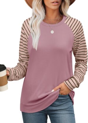 Saloogoe Womens Sweatshirt Color Block Striped Fall Fashion 2024 Long Sleeve Shirts Trending Now