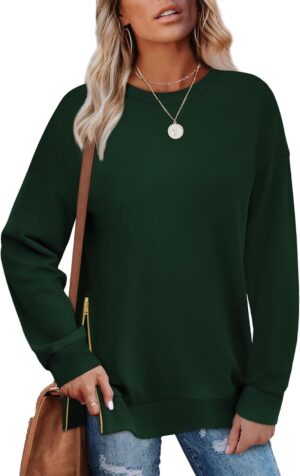 WIHOLL Women’s Oversized Sweatshirt Crewneck Tunic Tops Side Zipper Lightweight Pollover Sweater 2024 Fashion