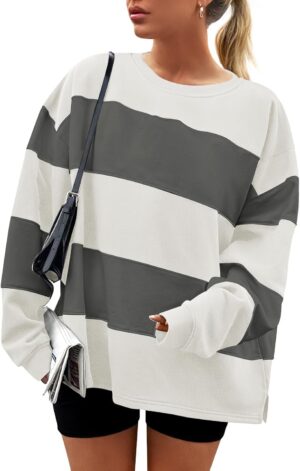 ZESICA Women’s Fall Sweatshirt Tops Crewneck Long Sleeve Loose Oversized Striped Fleece Pullover 2024 Clothes