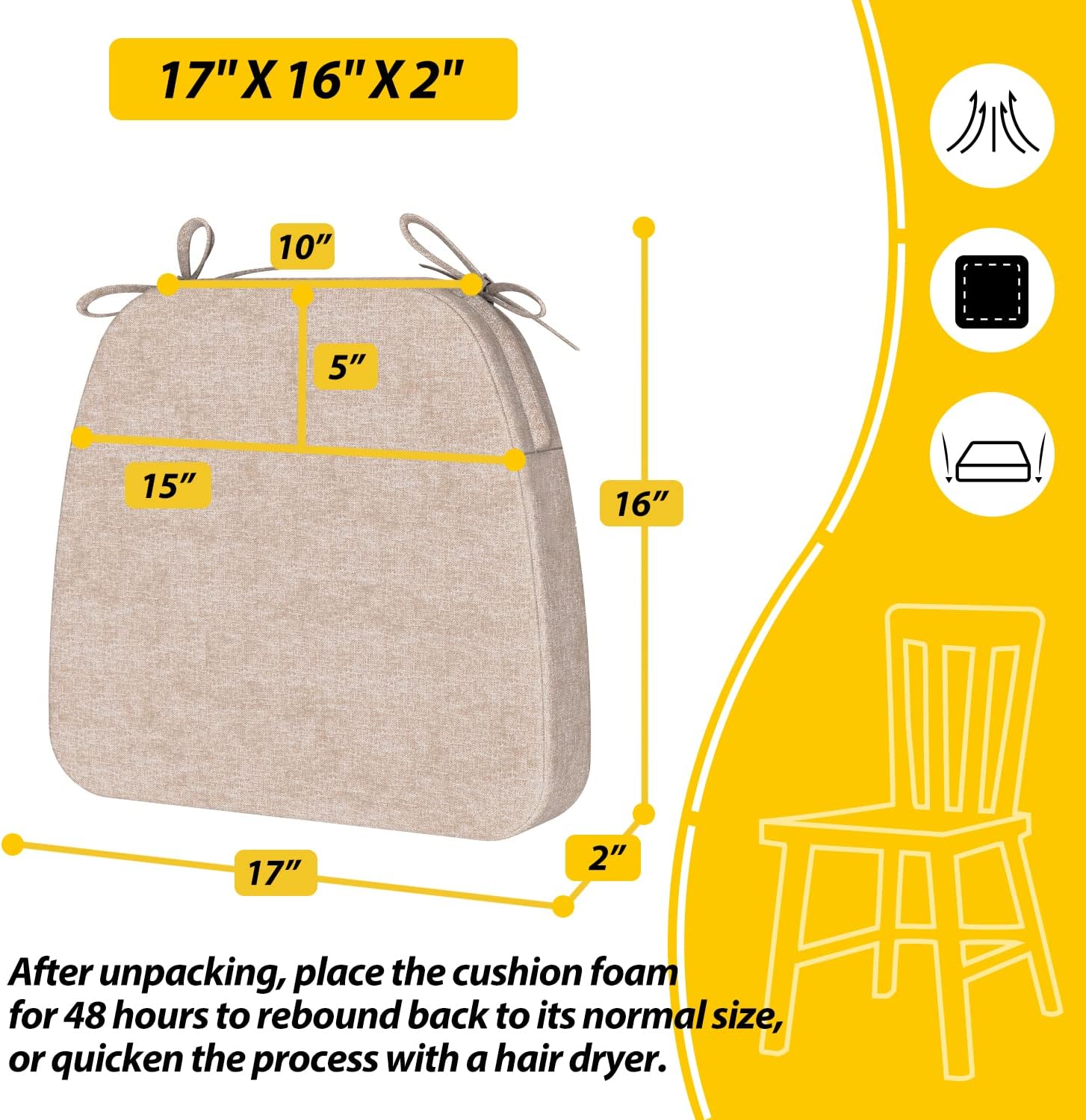 AAAAAcessories D-Shaped Chair Cushions, 2" Thick Dining Chair Pads with Ties and Removable, Machine-Washable Cover, 17" x 16", Set of 6, Oatmeal Beige - Image 2