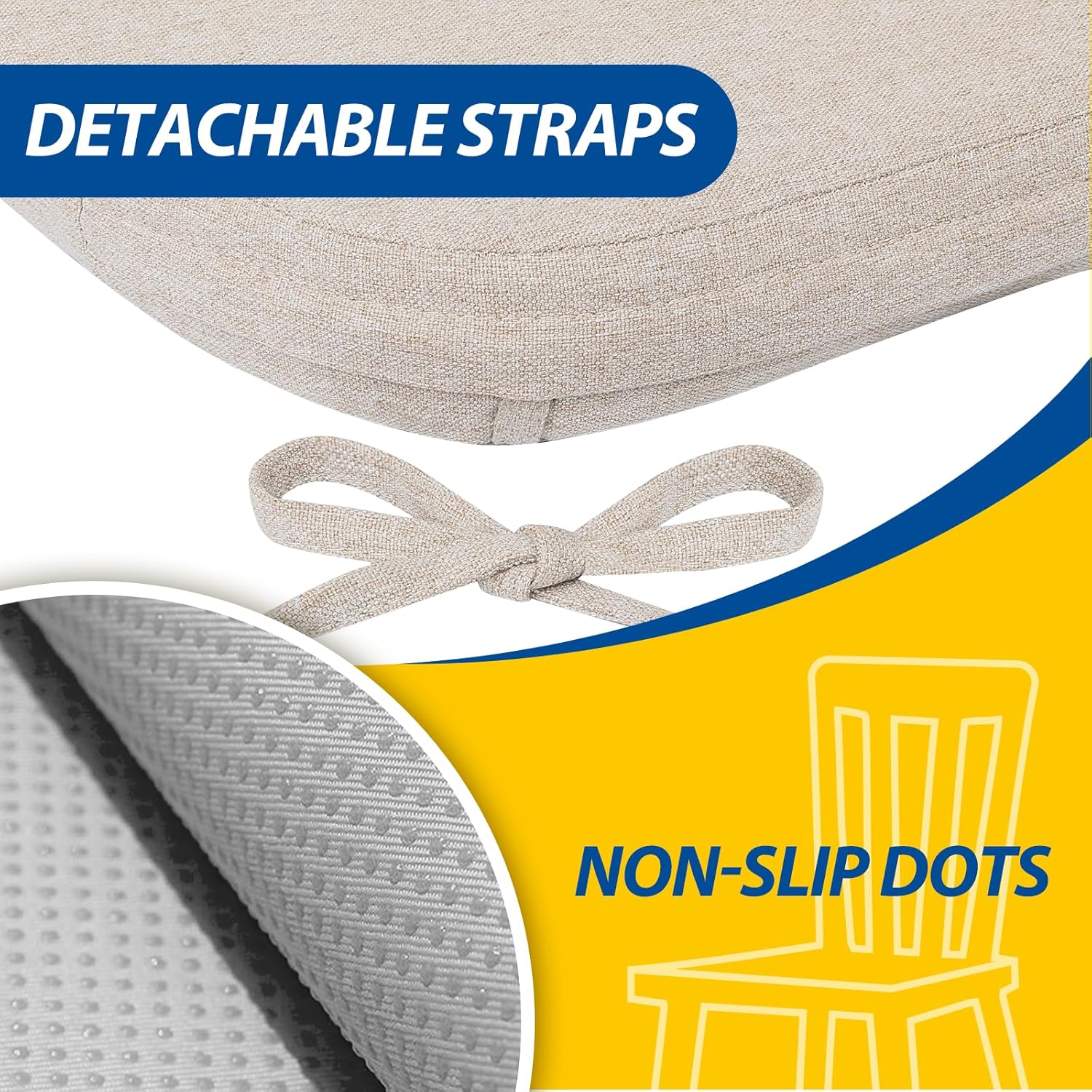 AAAAAcessories D-Shaped Chair Cushions, 2" Thick Dining Chair Pads with Ties and Removable, Machine-Washable Cover, 17" x 16", Set of 6, Oatmeal Beige - Image 4