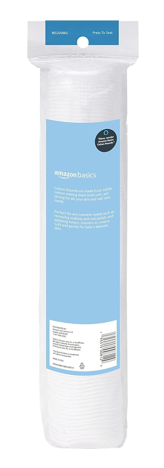 Amazon Basics Hypoallergenic 100% Cotton Rounds for Makeup Removal and Skincare, 600 Count, 6 Packs of 100 Count - Image 2