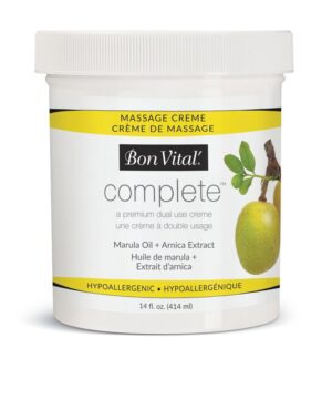Bon Vital Complete Massage Creme, Premium Dual Use Cream for Hypoallergenic Professional Massages, Non Greasy Unscented Moisturizer Made with Marula, Olive, Avocado, & Jojoba Oil, 14 oz. Jar