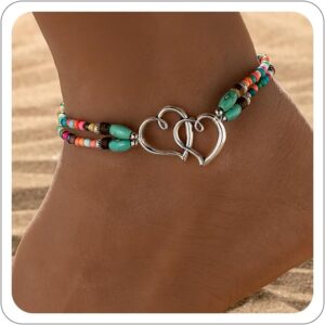 Elastic Beaded Ankle Bracelets for Women Double Heart Layered Stretch Ankle Bracelets Waterproof Dainty Boho Beaded Anklets for Summer Beach Foot Jewelry