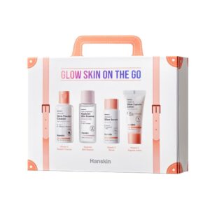 Hanskin Glow Skin on the Go Kit– Brightening & Hydrating Travel Kit with Cleanser, Essence, Serum & Lotion – Korean Skincare for Glowing, Radiant Skin – Moisturizing Face Care Vitamin C Gift Set