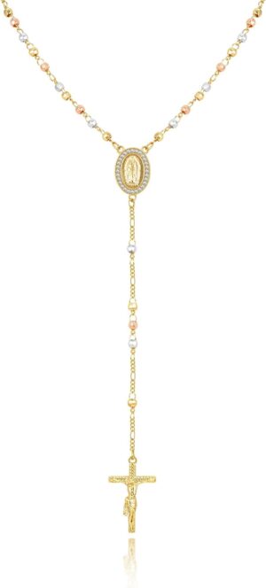 Virgin Mary Cross Rosary Necklace for Women，Virgen de Guadalupe Long Gold Silver Rosary Catholic Cross Beads Crucifix Necklace Women jewelry Religious Gift for Confirmation Baptism First Communion Godmother