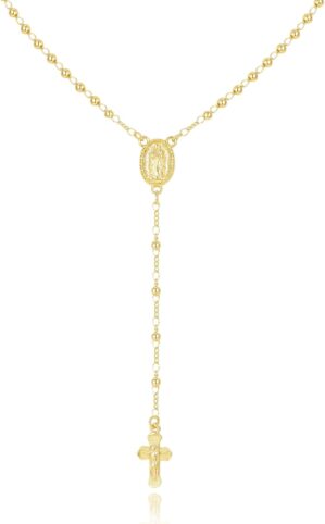 Virgin Mary Necklace for Women – 14K Gold Plated Rosary Bead Cross Necklace, Adjustable Gold Y Chain Crucifix Necklace, Religious Catholic Prayer Beads Jewelry for Women