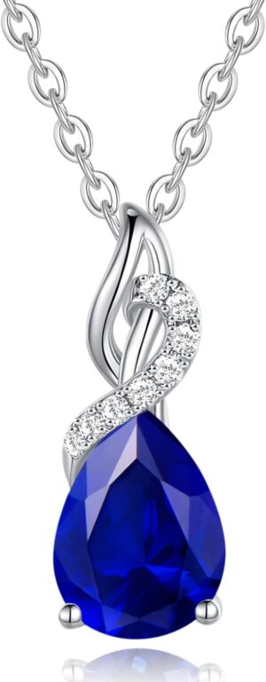 FANCIME 14K Solid White Gold Teardrop Pendant with Diamond Birthstone Necklace Birthday Gifts for Mom Women, Sterling Silver Chain 16″ + 2″ Extender