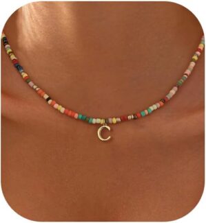 Colorful Initial Necklaces for Women, 14k Gold Plated Summer Initial Necklace Cute Beach Letter Necklace Personalized Gold Necklaces for Women Trendy Preppy Gold Jewelry for Womens
