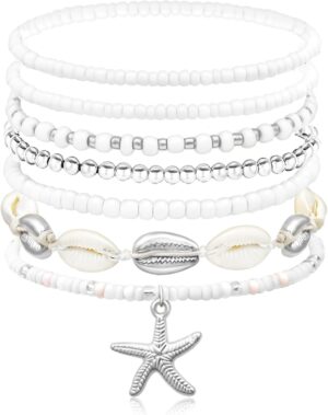 Shell Summer Beach Bracelets for Women Seashell Bracelets Boho Layered Beaded Bracelets Set Starfish Bracelets Handmade Stretch Bracelets Summer Beach Jewelry Accessories Gifts
