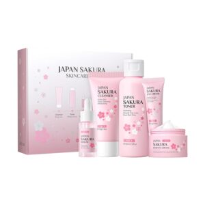 Skin Care Set JAPAN SAKURA Women Beauty Gift Sets Skin Care Kit with Cleanser, Toner, Serum, Eye Cream, Face Cream Travel Kit for Women Teen Girls Mom Daughter Birthday TSA-friendly Sizes 5pcs