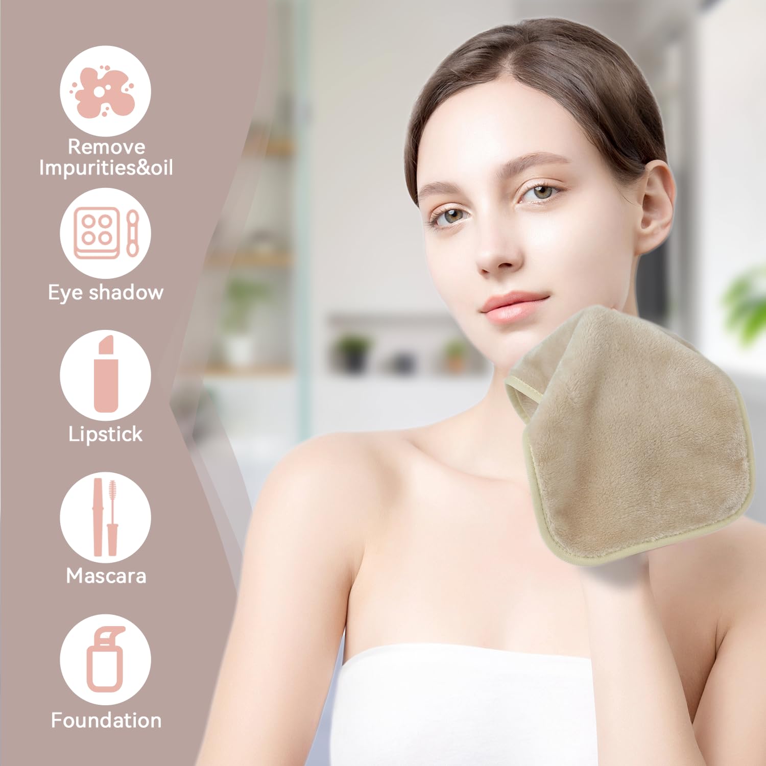 Makeup Remover Cloths, 8 Packs Makeup Remover Towels Reusable Face Wash Cloth, Soft Makeup Remover Microfiber Face Cloth for Women(Beige) - Image 2