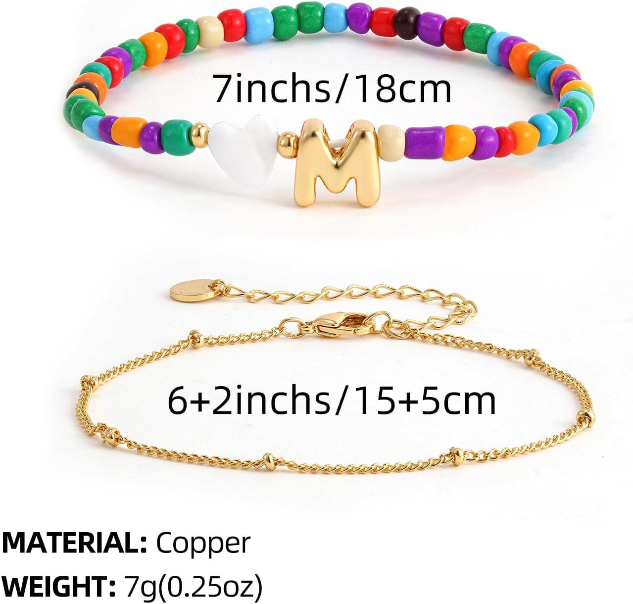 Colorful Initial Bracelets for Women Girls - 14K Gold Plated Heart Initial Letter Daint A-Z Charm Bracelet Summer Jewelry Teen Girl Gifts for Teen Kids - Image 7