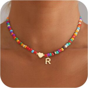 Colorful Initial Necklaces for Girls Women Kids – Teen Girls Gifts Trendy Beaded Initial Necklace Dainty Letter Gifts Choker Necklace for Girl Jewelry