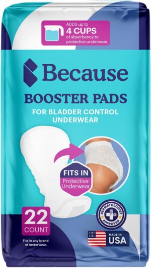 Because Premium Incontinence Booster Pads for Men and Women, Adds Extra Absorbency to Adult Diapers, Super Soft, Adhesive Strip Backing, Unisex, 22 Count