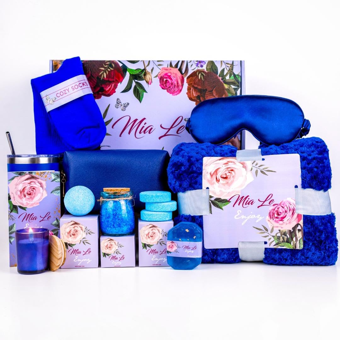 Luxury Spa Gift Basket Set – 16 Pcs Bath Set with Bath Bombs, Body Lotion, Shower Gel & More – Relaxing Gifts for Women & Men – Perfect for Birthday, Christmas, Thank You & Bridal Shower(Royal Blue)