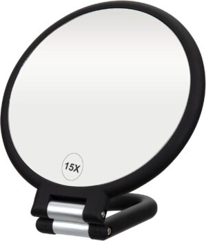 ForPro Professional Collection Premium Magnifying Handheld Mirror, 1X/15X Magnification Hand Mirror, Folding Adjustable Handle, for Makeup, Travel, Black