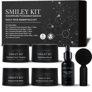 SMILEYKIT Facial Care Kit Premium (6 pcs kit ): Charcoal Facial Cleanser + Exfoliating Scrub, Moisturizing Balm + Super Glow Serum + Skin Renewing Eye Cream & FREE Brush Cleanser Complete Skin Care