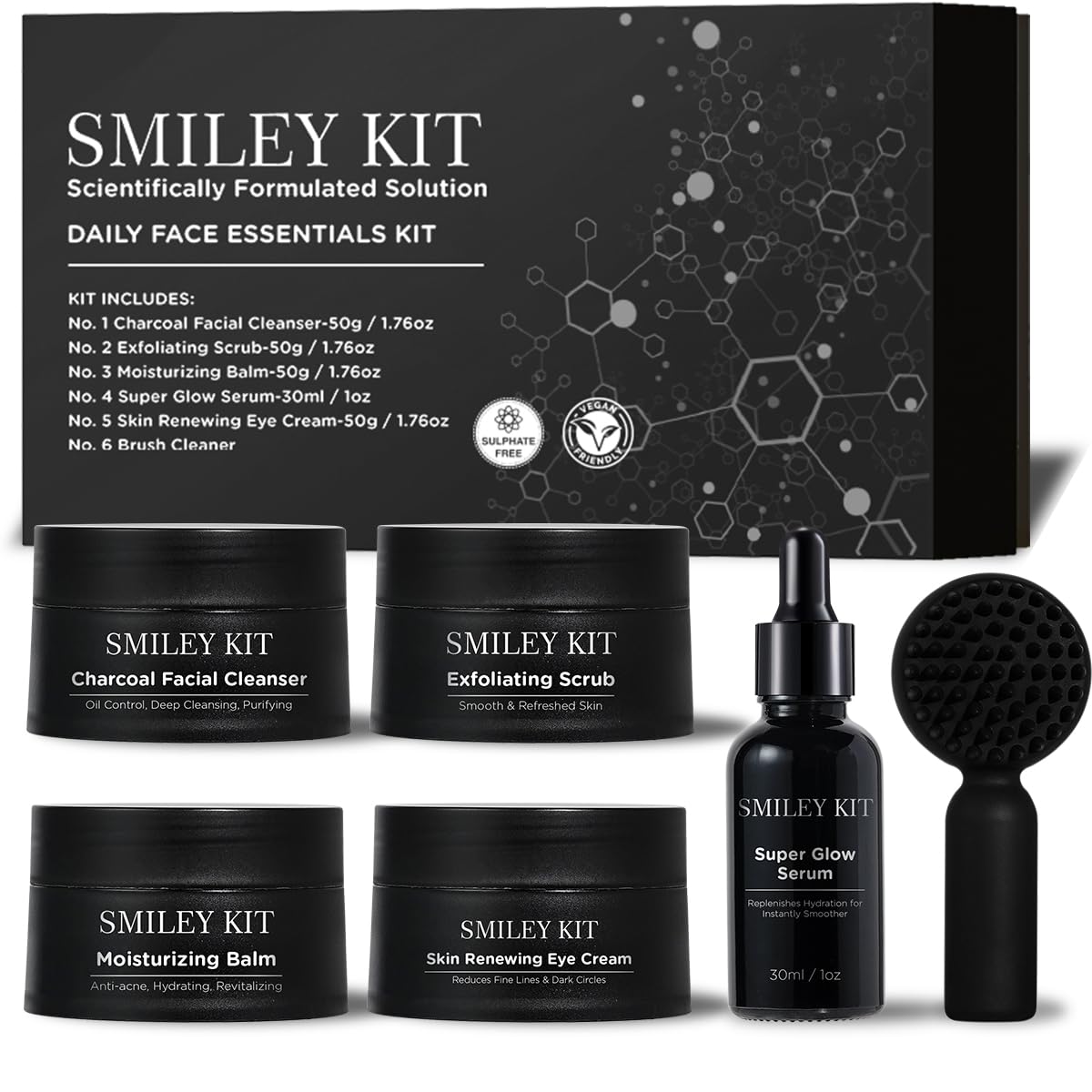 SMILEYKIT Facial Care Kit Premium (6 pcs kit ): Charcoal Facial Cleanser + Exfoliating Scrub, Moisturizing Balm + Super Glow Serum + Skin Renewing Eye Cream & FREE Brush Cleanser Complete Skin Care