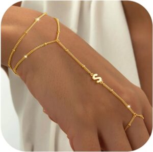 M MOOHAM Initial Hand Chain for Women – Dainty Gold Ring Bracelet Hand Chain for Women Trendy, Letter A-Z Initial Link Charm Bracelets Personalized Gold Jewelry Gifts