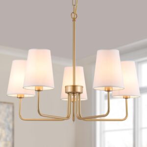 AMZASA Farmhouse Chandelier, 5-Lights Visual Comfort Gold Light, Muted Gold with White Fabric Shade, Linear Island Lighting Fixture for Kitchen, Dining Room