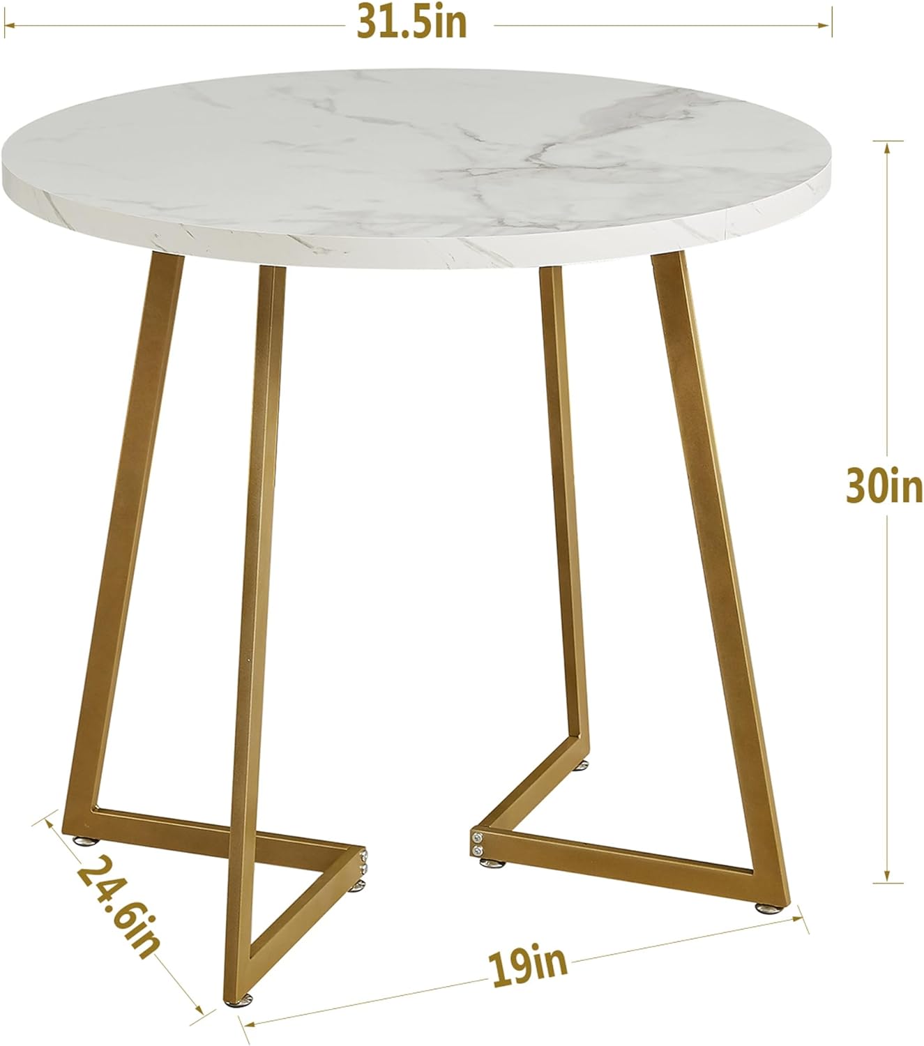 VECELO Round Dining Room Table with Wood Grain Tabletop and Steel Frame, for Kitchen, Living Room, Office, Conference, 2 to 4 Person, White & Gold - Image 3