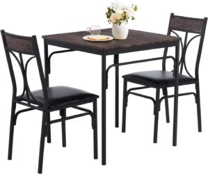 VECELO Kitchen Dining Room Table Set with 2 Chairs for Small Space, Apartment,Metal Steel Frame