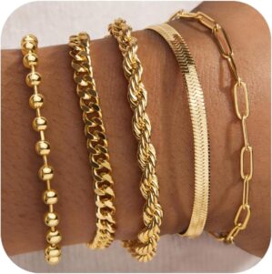 Gold Bracelets for Women,Dainty Bracelets Set for Women Trendy, Gold Bracelets Stack With Beaded, Cuban, Paperclip, Heart, Snake, Rope, Pearl, Cross, Hand Chain, Silver Jewelry Gifts for Women