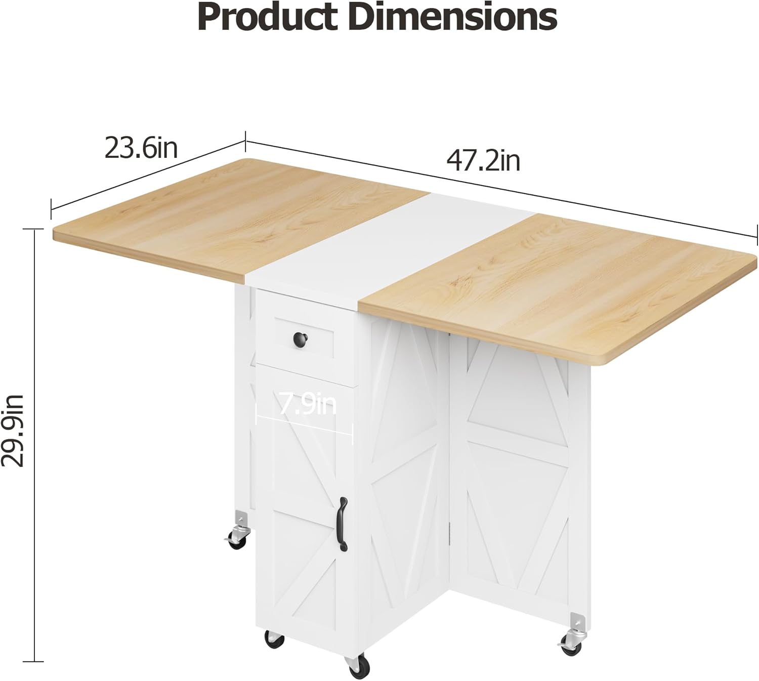 Space Saving Folding Dining Table, Farmhouse Foldable Dining Table with Drawer and 2-Layer Storage Shelf, 6 Wheels Multipose Expandable Kitchen Drop Leaf Table for Small Space (Pear Wood White) - Image 2