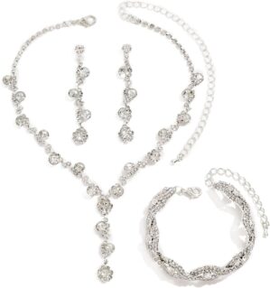 Silver Crystal Bridal Jewelry Set, Teardrop Dangle Earrings Rhinestone Necklace Bracelet for Bride Bridesmaid Crystal Bridal Wedding Party Jewelry Sets