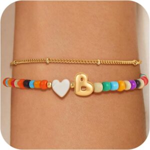 Colorful Initial Bracelets for Women Girls – 14K Gold Plated Heart Initial Letter Daint A-Z Charm Bracelet Summer Jewelry Teen Girl Gifts for Teen Kids