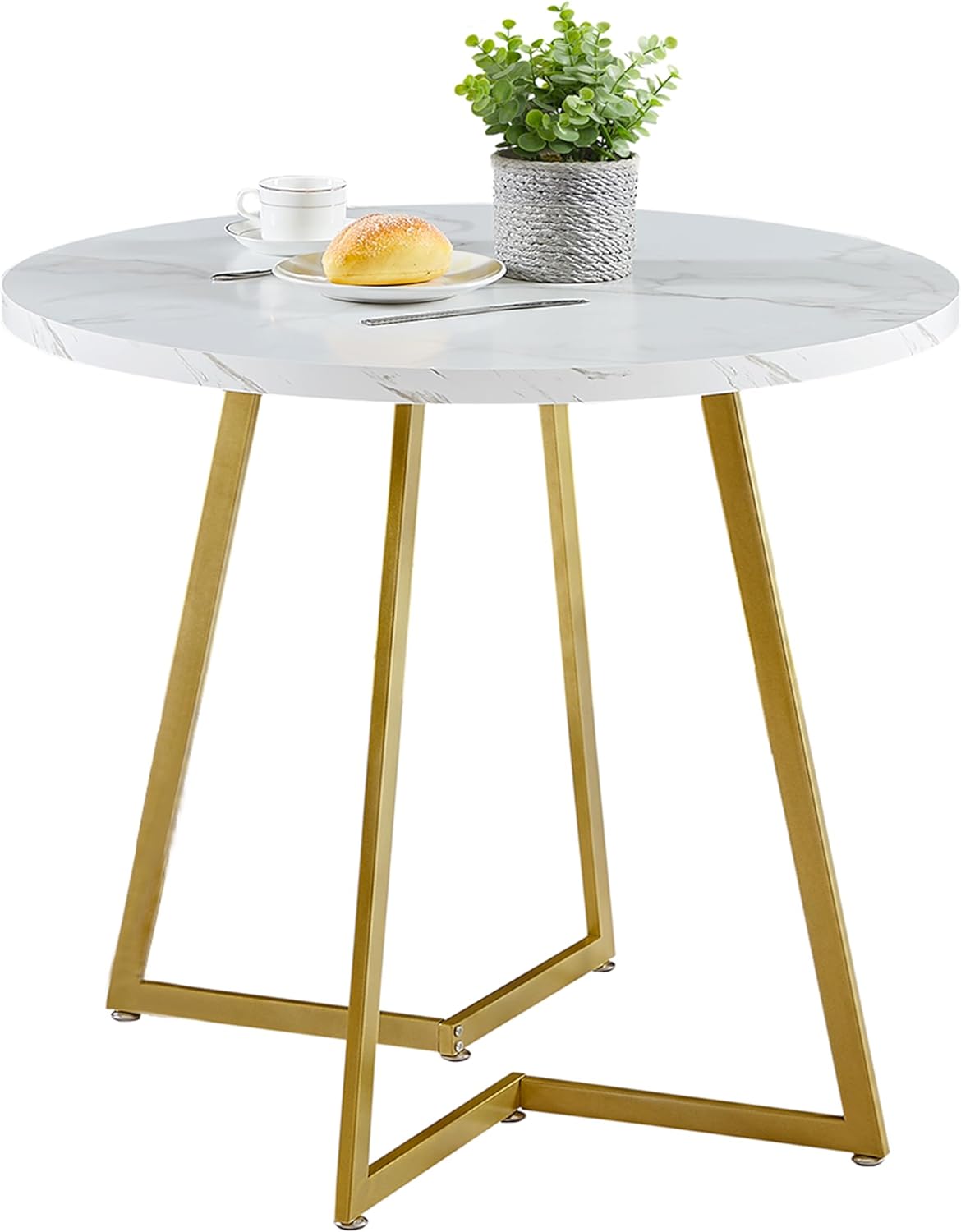 VECELO Round Dining Room Table with Wood Grain Tabletop and Steel Frame, for Kitchen, Living Room, Office, Conference, 2 to 4 Person, White & Gold
