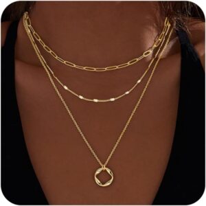 Layered Gold Necklaces for Women,Stackable Dainty 14K Gold Silver Plated Trendy Circle Paperclip Chain Pendant Choker Necklace,Simpl Diamond Cross Bow Jewelry Set Gifts for Women