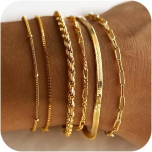 DEARMAY Gold Bracelets for Women Waterproof, 14K Real Gold Jewelry Sets Trendy Thin Dainty Stackable Cuban Link Paperclip Chain Bracelet Pack Fashion Accessories Gifts for Womens