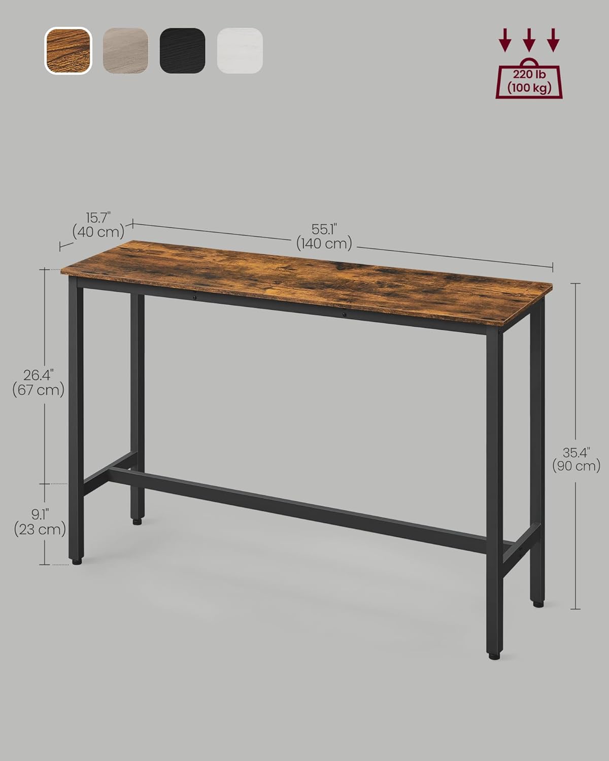 VASAGLE Bar Table, Narrow Long Kitchen Dining Table, Sturdy Metal Frame, Industrial, 15.7 x 55.1 x 35.4 Inches, Rustic Brown and Ink Black ULBT140B01 - Image 3