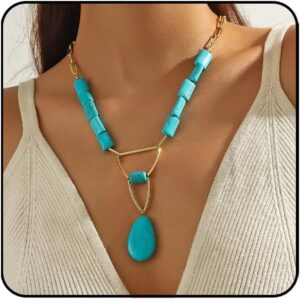 INENIMARTJ Gold Turquoise Necklace for Women Boho Turquoise Pendant Necklace Gold Chain Turquoises Necklaces Trendy Western Turquoises Jewelry for Womens