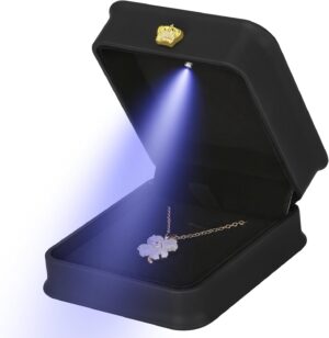 Necklace Pendant Gift Box with LED Light, Premium PU Leather Jewellry Storage Display Case for Wedding Engagement Birthday Anniversary Ceremony for Women Girl (Black)