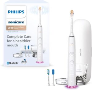 Philips Sonicare DiamondClean Smart 9500 Electric Toothbrush, Sonic Toothbrush with App, Pressure Sensor, Brush Head Detection, 5 Brushing Modes and 3 Intensity Levels, White, Model HX9923/01