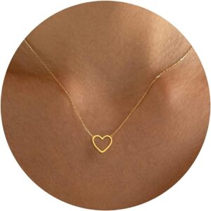 Dainty Gold Heart Necklace for Women – 14K Gold/Silver Plated Cute Heart Handmade Disc Circle Bee Choker Adjustable Necklace for Women Trendy Jewelry