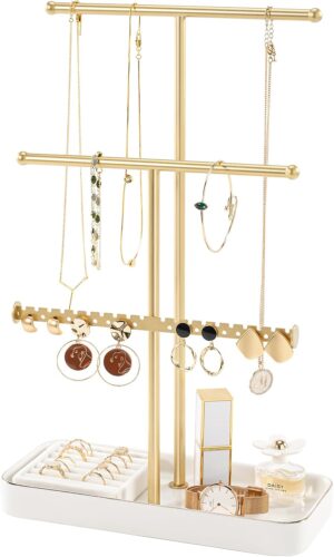 Lolalet Jewelry Necklace Holder with Ceramic Base, 14.2″ Gold Jewelry Display Stand with Velvet Ring Tray Jewellery Organizer for Necklaces Bracelets Earrings