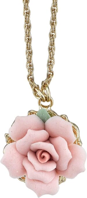1928 Jewelry Genuine Porcelain Rose Pendant Necklace For Women 16″ + 3″ Extender, Handmade Flowers, Timeless Floral Jewellery, Made In USA