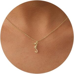 Dainty Gold Necklace -14K Gold -plated Shell Starfish Seahorse Bear Bat Dragon Bat Animal Necklace for Women 16.5″+2″
