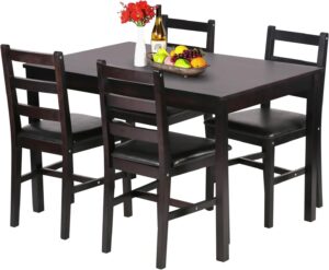 FDW | 5-Piece Solid Wood Dining Table Set for 4 | Pine Kitchen Table with Upholstered Chairs | Space-Saving Design | Smooth Easy-to-Clean Surface | Brown | for Dining Room, Apartment, Restaurant