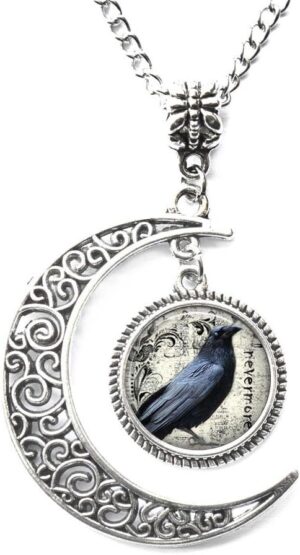 Charm Crescent Moon Poe’s Raven Pendant, Raven Necklace Poe Nevermore Goth Jewelry Literary Pendant, Raven Jewellery